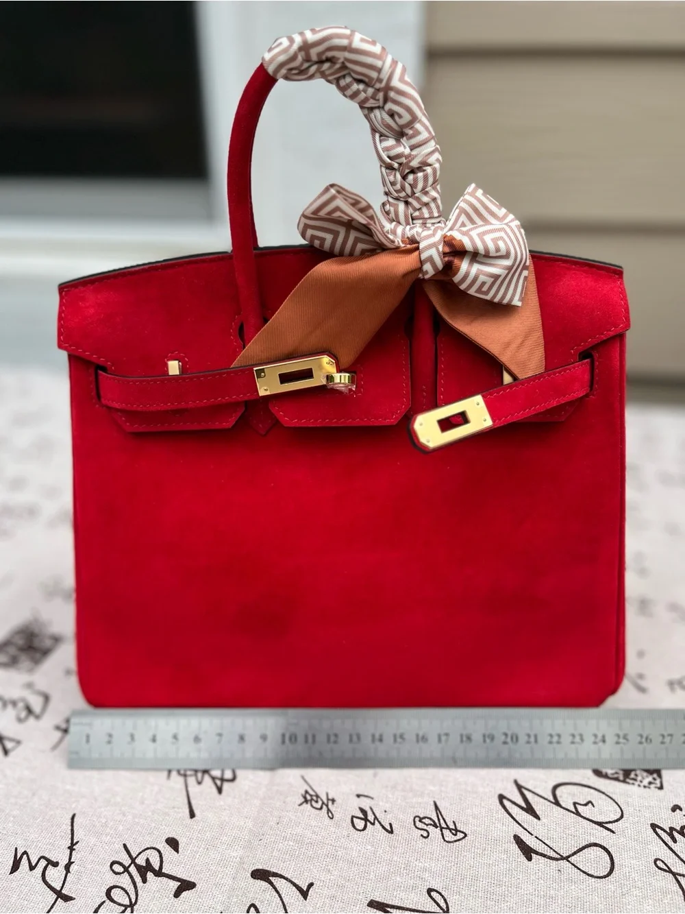Red Suede Double-Handle Handbag 25cm with Gold-tone Hardware - New